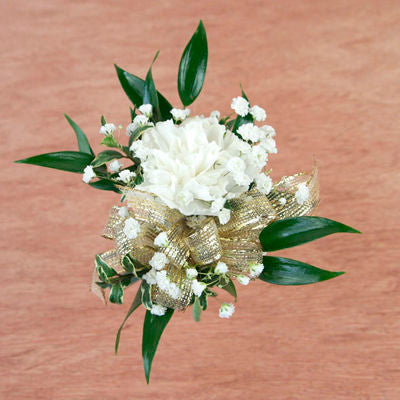 This is the shape and general size of our wrist corsages; will use an ivory  ribbon with these mixed greens and w…